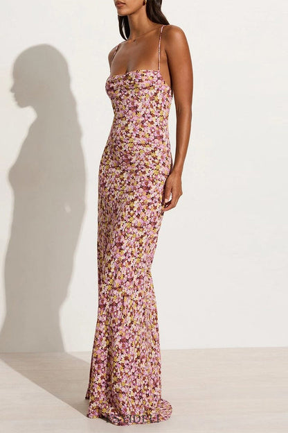 Vestido de falda de un solo paso con escote en U y diseño de tirantes sin espalda con estampado floral vintage sexy