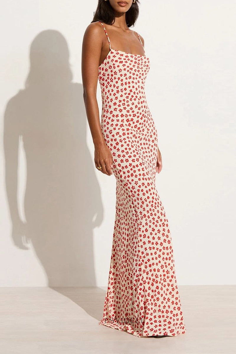 Vestido de falda de un solo paso con escote en U y diseño de tirantes sin espalda con estampado floral vintage sexy