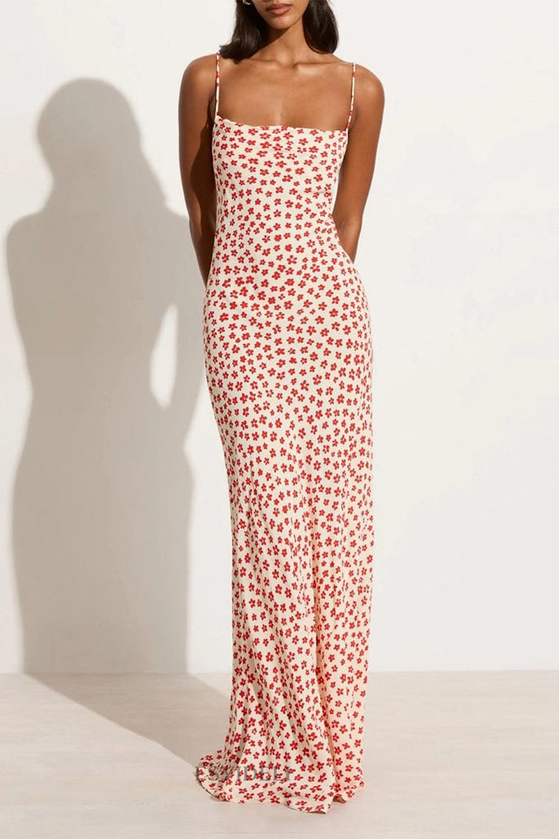 Vestido de falda de un solo paso con escote en U y diseño de tirantes sin espalda con estampado floral vintage sexy