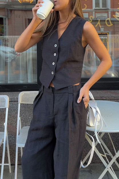 Conjunto informal de dos piezas con cuello en V, sin mangas y hebilla sólida de estilo británico
