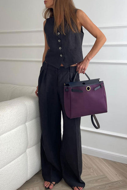 Conjunto informal de dos piezas con cuello en V, sin mangas y hebilla sólida de estilo británico