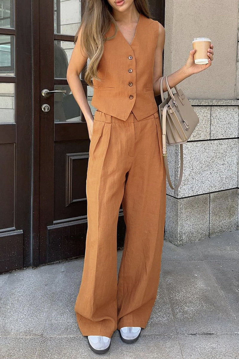 Conjunto informal de dos piezas con cuello en V, sin mangas y hebilla sólida de estilo británico