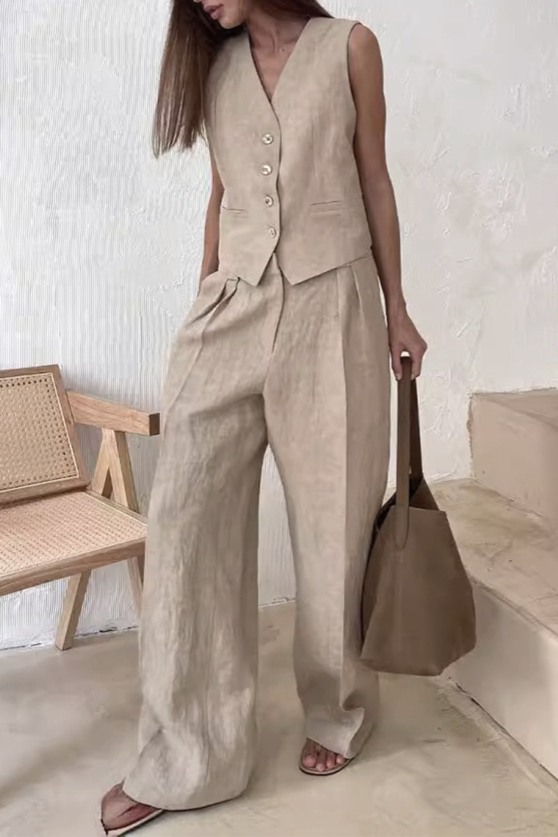 Conjunto informal de dos piezas con cuello en V, sin mangas y hebilla sólida de estilo británico
