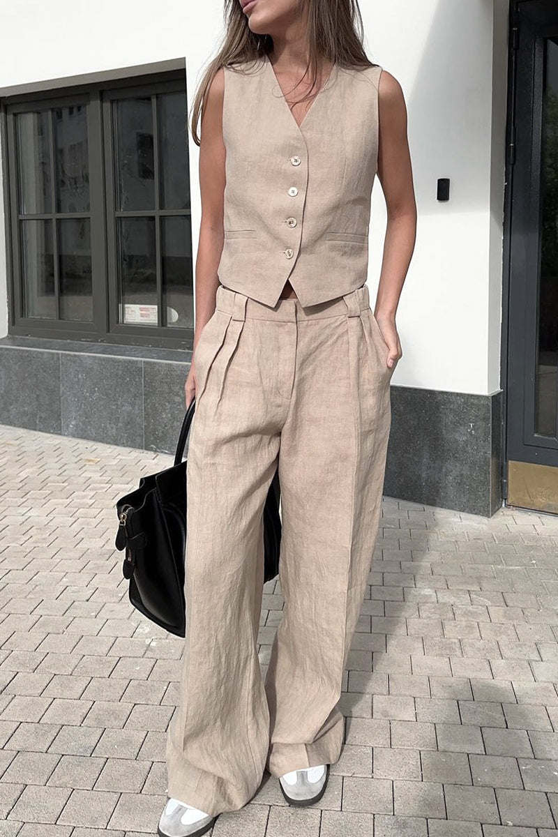 Conjunto informal de dos piezas con cuello en V, sin mangas y hebilla sólida de estilo británico