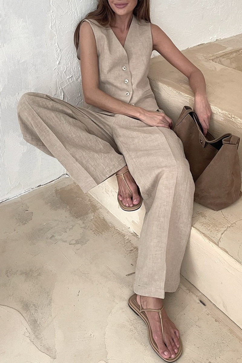 Conjunto informal de dos piezas con cuello en V, sin mangas y hebilla sólida de estilo británico