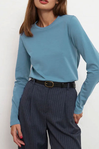 Tops casuales sencillos de cuello redondo lisos