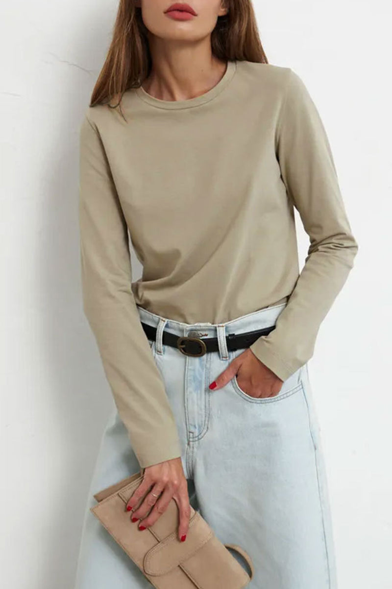 Tops casuales sencillos de cuello redondo lisos