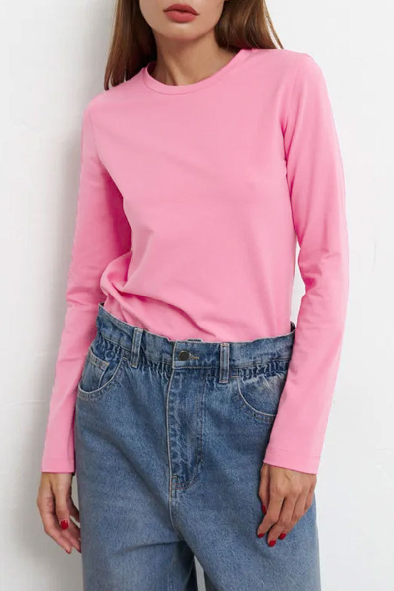 Tops casuales sencillos de cuello redondo lisos