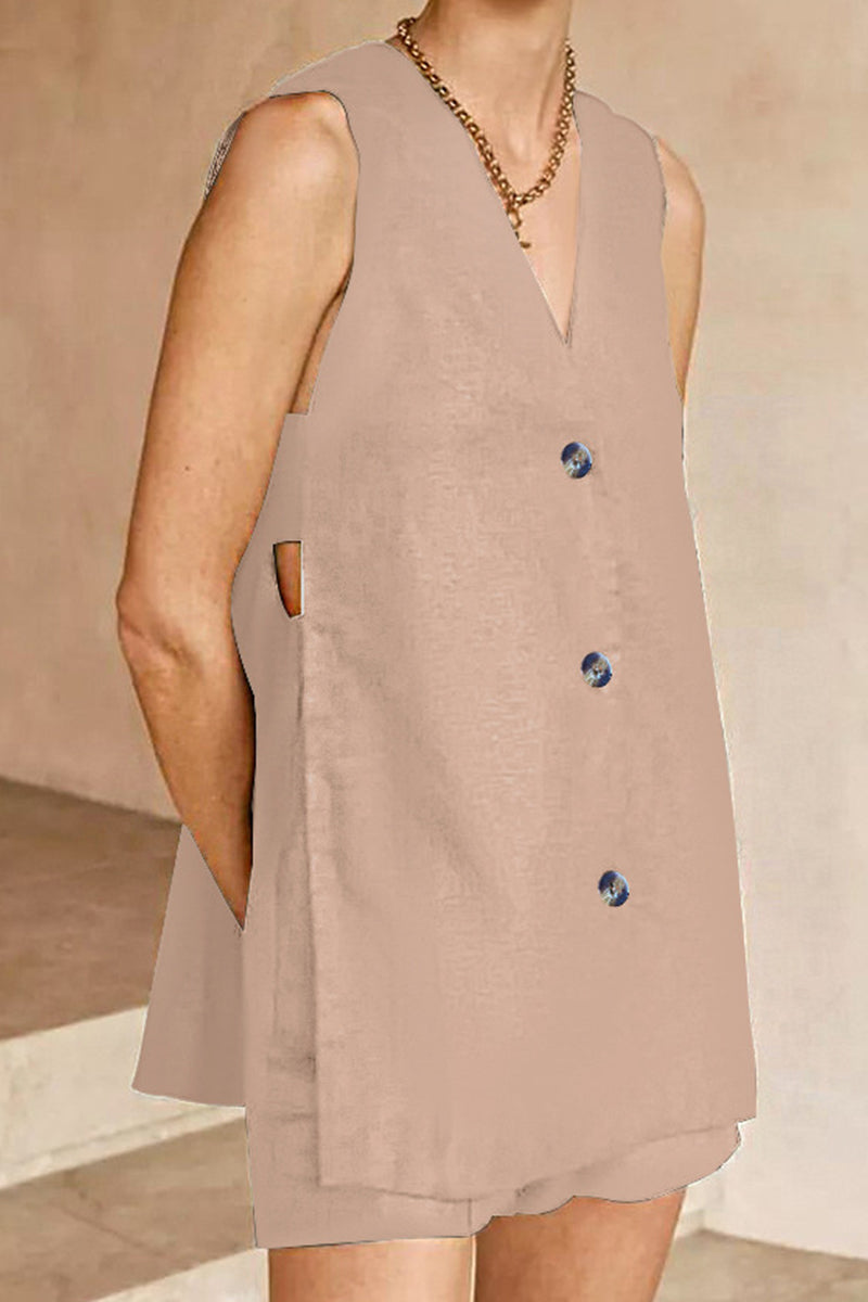 Conjunto informal de dos piezas estilo británico con cuello en V, sin mangas, con bolsillos y hebilla (3 colores)