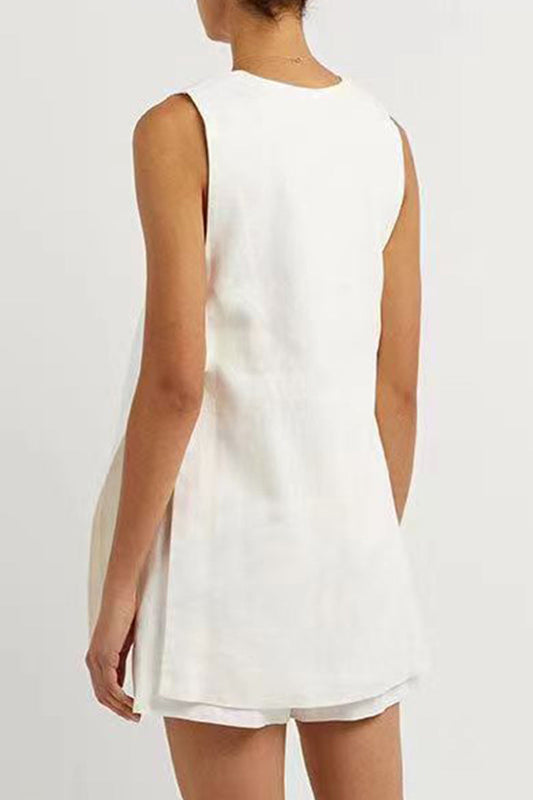 Conjunto informal de dos piezas con cuello en V, sin mangas, estilo británico, liso, con bolsillos y hebilla