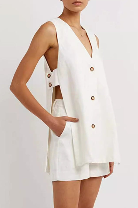 Conjunto informal de dos piezas estilo británico con cuello en V, sin mangas, con bolsillos y hebilla (3 colores)