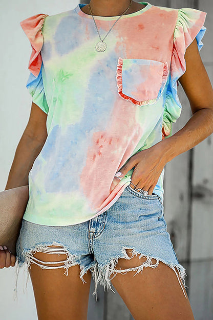 Camisetas casuales con cuello redondo y volantes con estampado vintage