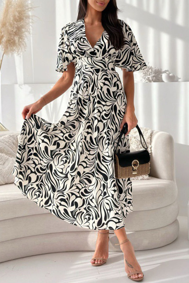 Elegantes vestidos de línea A con cuello en V y patchwork floral