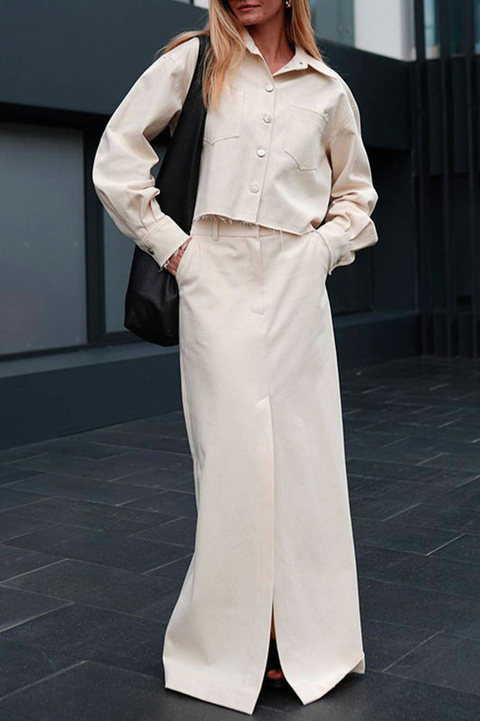 Conjunto informal elegante de dos piezas con cuello vuelto, manga larga y bolsillos sólidos