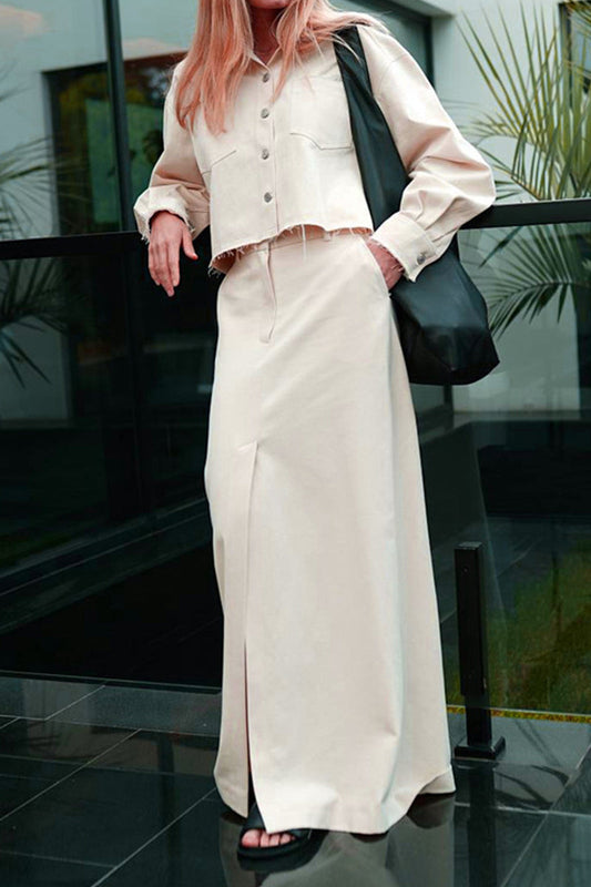 Conjunto informal elegante de dos piezas con cuello vuelto, manga larga y bolsillos sólidos