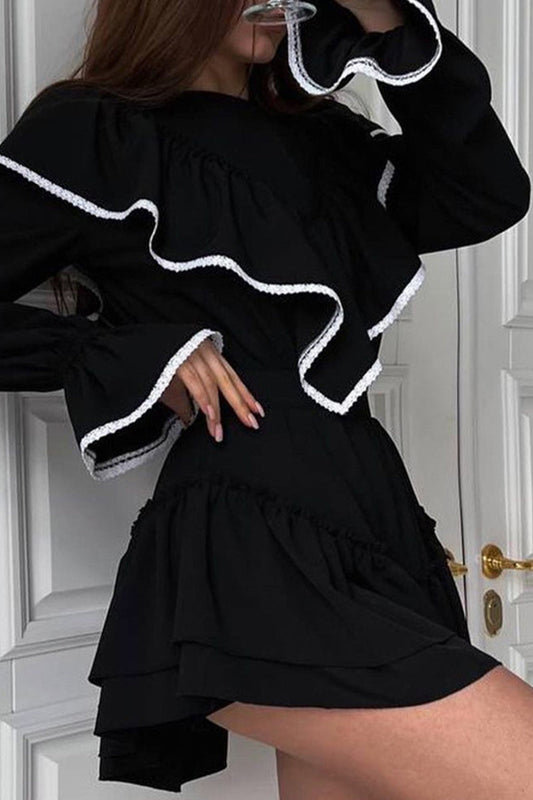 Vestidos elegantes de celebridades con volantes sólidos y cuello redondo en forma de A