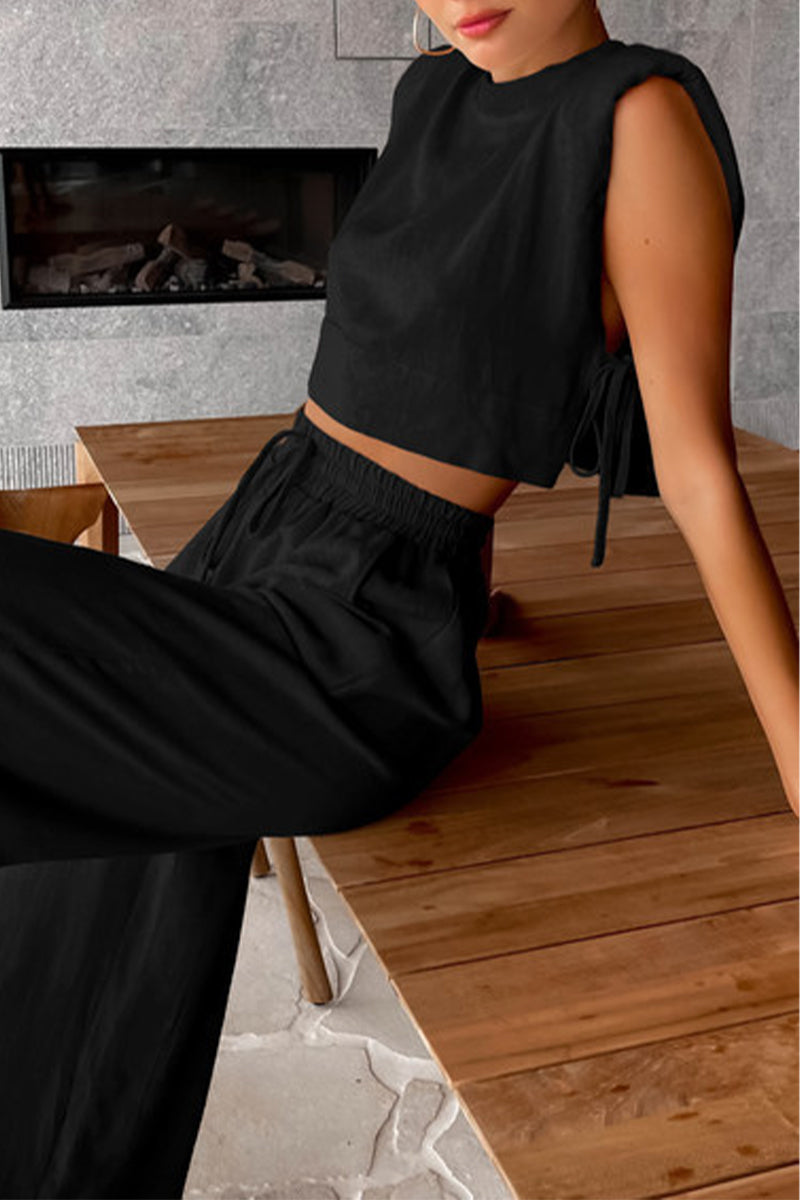 Conjunto informal de dos piezas, sin mangas, con cuello redondo y vendaje liso