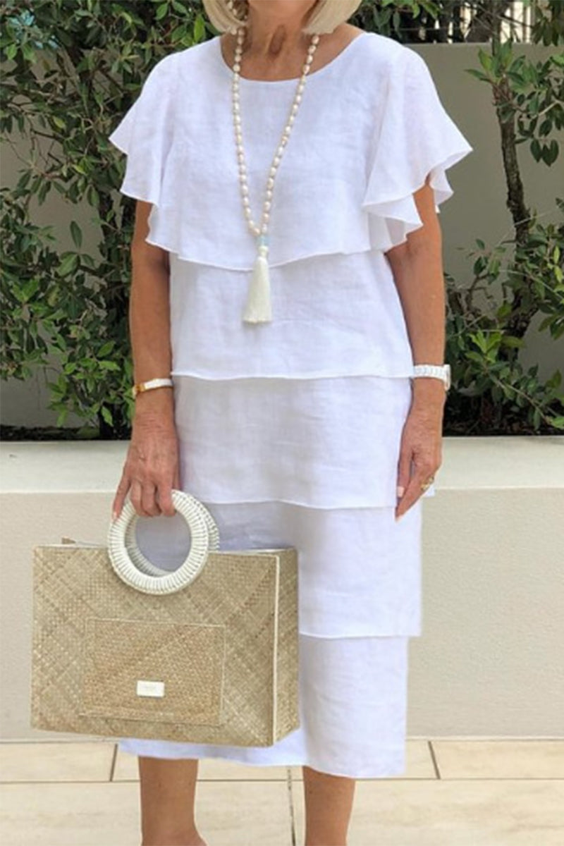 Vestidos elegantes y dulces con falda pastel, cuello redondo y volantes lisos