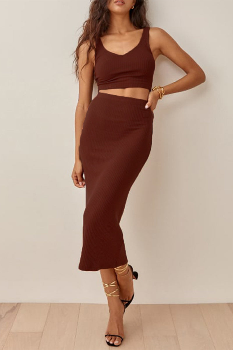 Conjunto sexy de dos piezas sin mangas, cuello en V, espalda descubierta y sólido