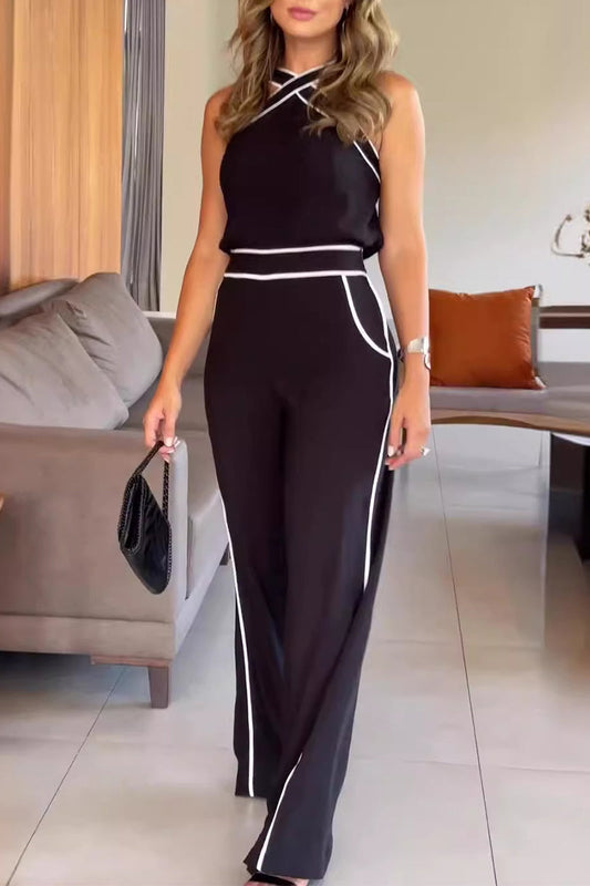 Conjunto informal de dos piezas con cuello halter, sin mangas y bolsillos sólidos en contraste, estilo británico