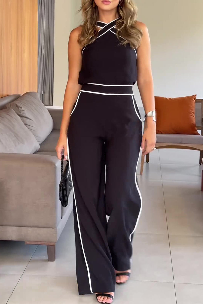 Conjunto informal de dos piezas con cuello halter, sin mangas y bolsillos sólidos en contraste, estilo británico