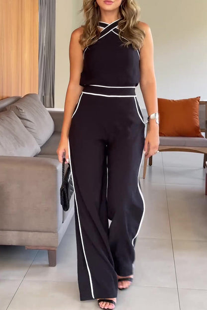 Conjunto informal de dos piezas con cuello halter, sin mangas y bolsillos sólidos en contraste, estilo británico