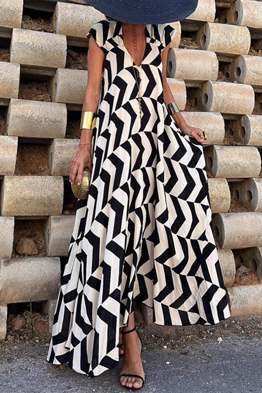 Vestidos casuales vintage con estampado geométrico ondulado, espalda descubierta, cuello en V asimétrico