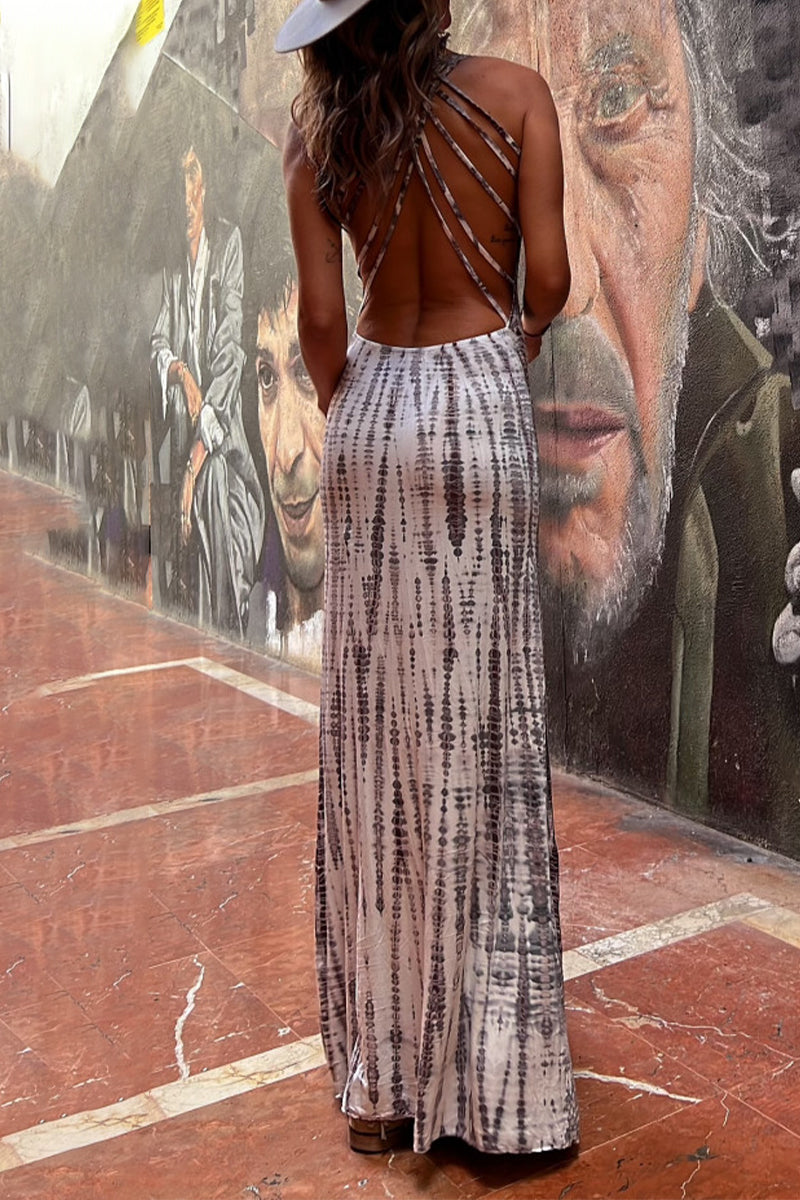 Vestidos bohemios de vacaciones con estampado geométrico, espalda descubierta, estilo halter, falda de un solo paso