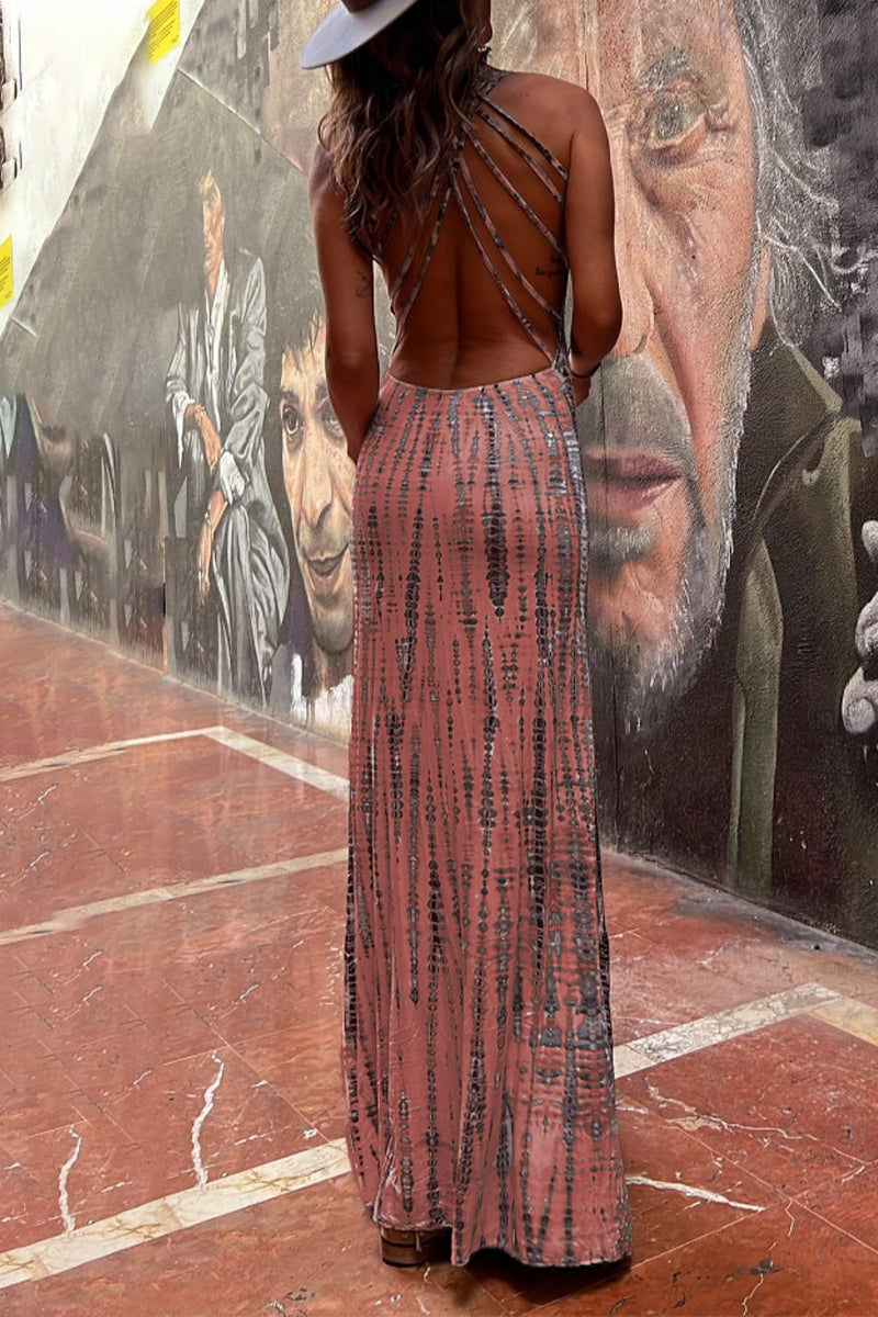 Vestidos bohemios de vacaciones con estampado geométrico, espalda descubierta, estilo halter, falda de un solo paso