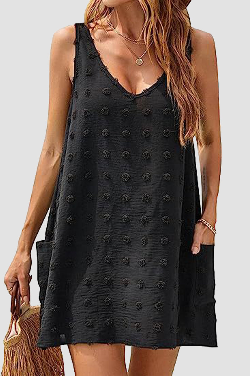 Vestidos playeros informales de vacaciones con cuello en V y bola de pelo y bolsillo de jacquard liso