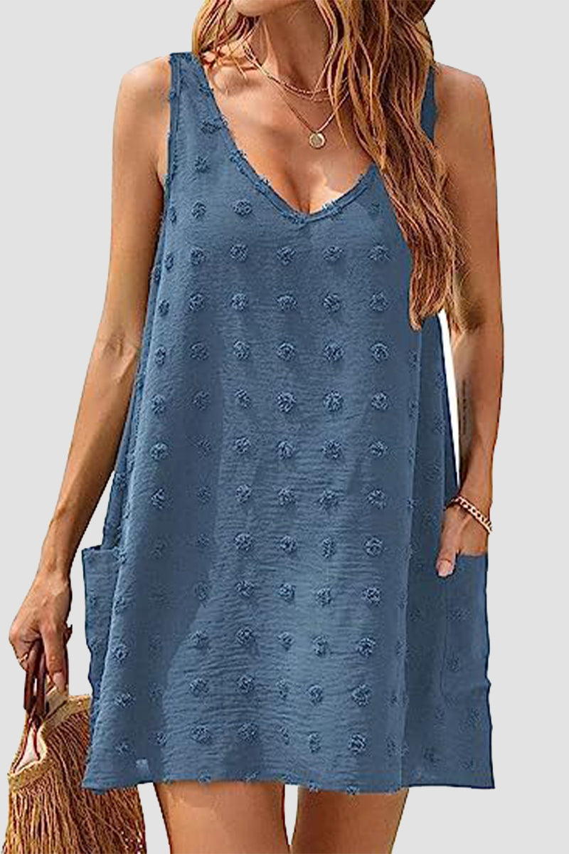 Vestidos playeros informales de vacaciones con cuello en V y bola de pelo y bolsillo de jacquard liso
