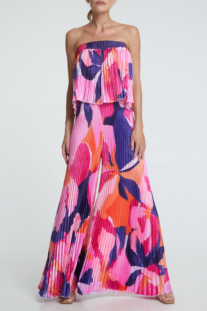 Street Color Block Pleated Strapless Sleeveless Two Pieces