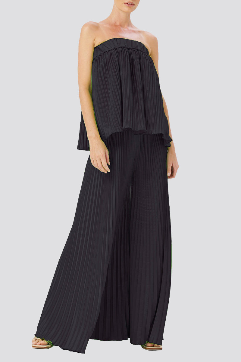 Elegante vestido de dos piezas liso plisado sin tirantes y sin mangas