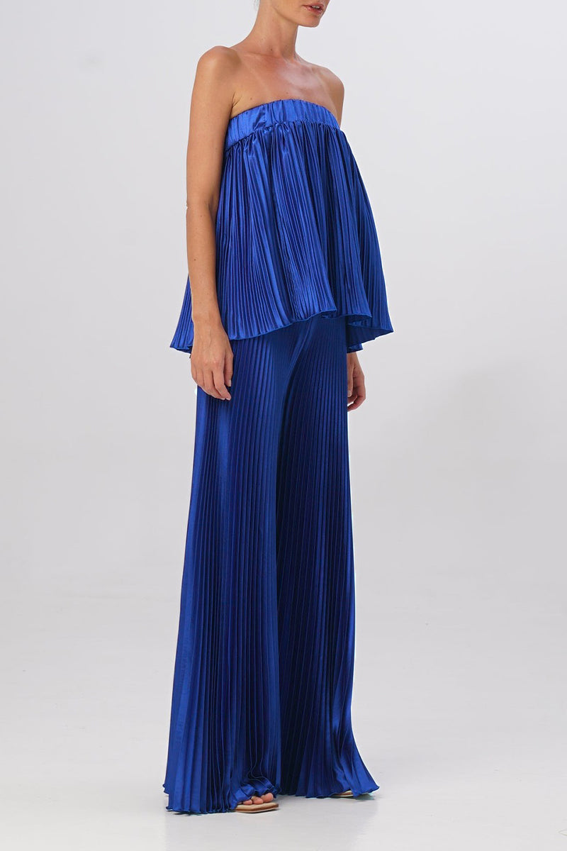 Elegante vestido de dos piezas liso plisado sin tirantes y sin mangas