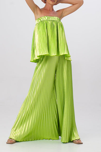 Elegante vestido de dos piezas liso plisado sin tirantes y sin mangas