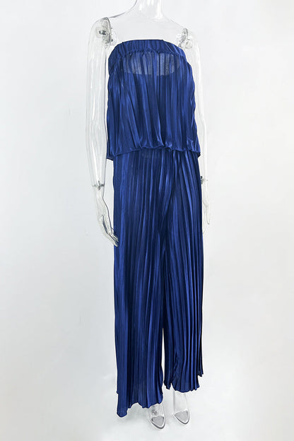 Elegante vestido de dos piezas liso plisado sin tirantes y sin mangas