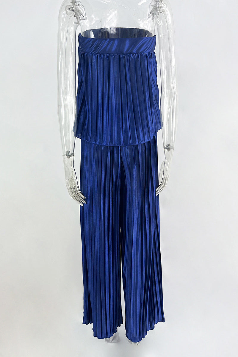 Elegante vestido de dos piezas liso plisado sin tirantes y sin mangas