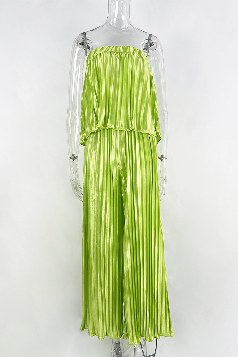 Elegante vestido de dos piezas liso plisado sin tirantes y sin mangas