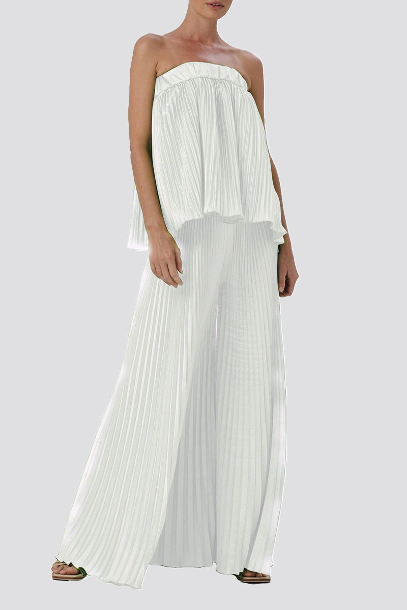 Elegante vestido de dos piezas liso plisado sin tirantes y sin mangas