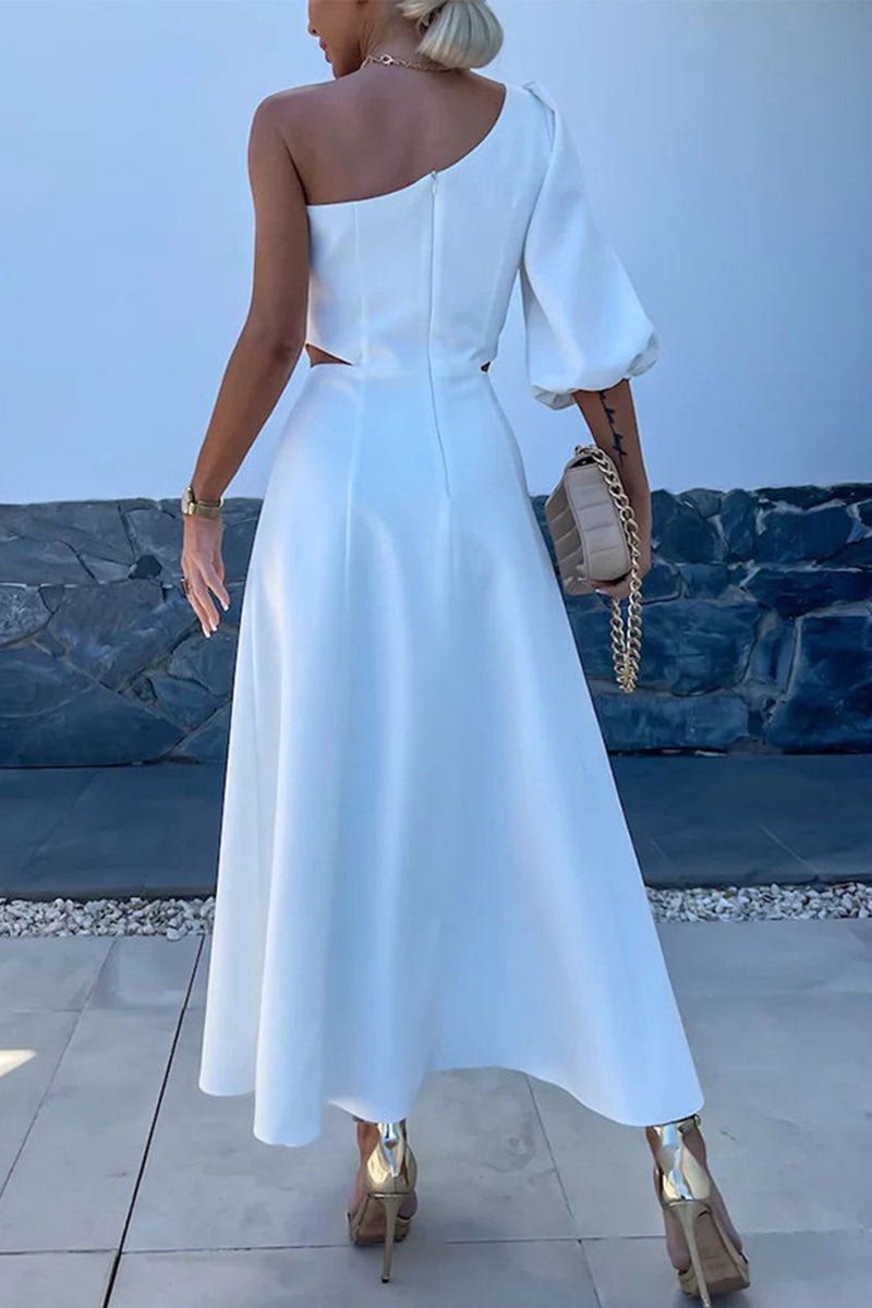 Celebrities Elegant Solid Slit Asymmetrical Flowers Oblique Collar A Line Dresses(4 Colors)