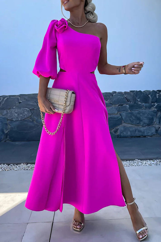 Vestidos elegantes de celebridades con aberturas sólidas, flores asimétricas, cuello oblicuo, línea A