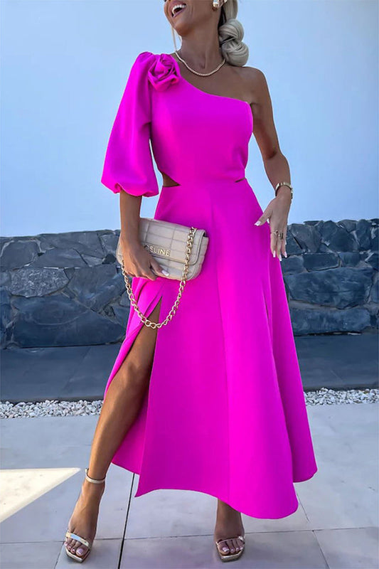 Vestidos elegantes de celebridades con aberturas sólidas, flores asimétricas, cuello oblicuo, línea A