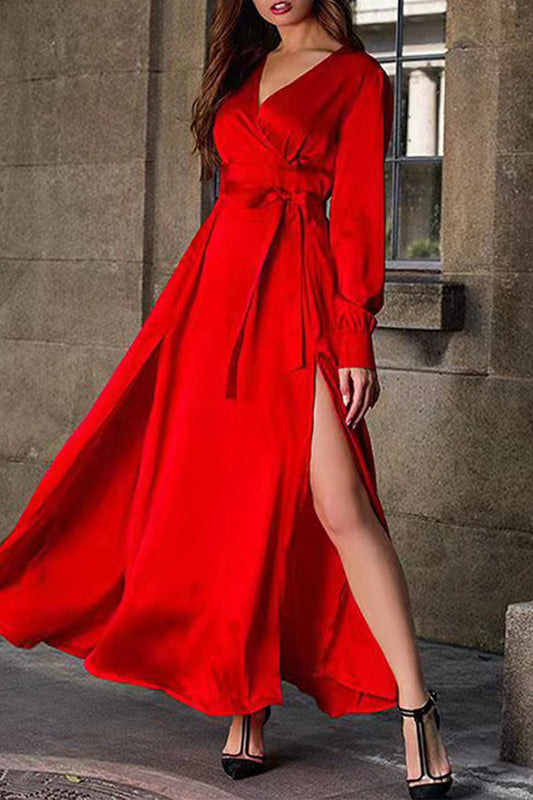 Vestidos de noche formales de celebridades con escote en V y abertura en el frenillo liso