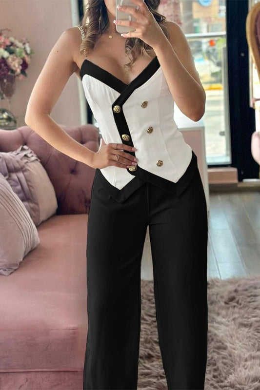 Conjunto informal de dos piezas con cuello en V, sin mangas, botones lisos y contraste, estilo británico