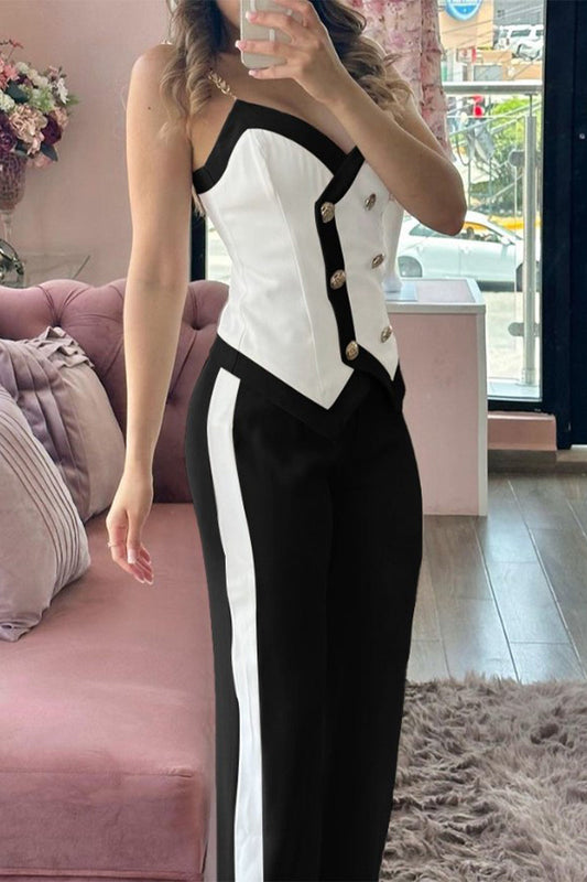 Conjunto informal de dos piezas con cuello en V, sin mangas, botones lisos y contraste, estilo británico