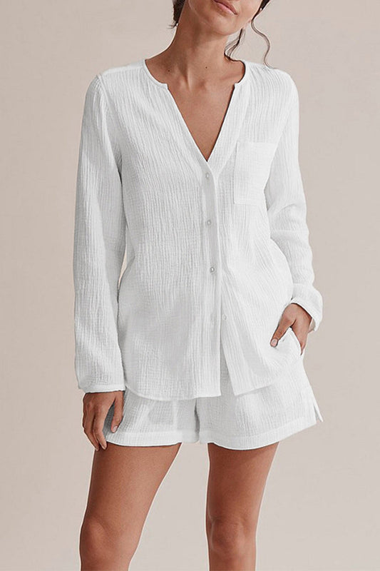 Conjunto de dos piezas informal sencillo con bolsillos, botones, cuello en V, manga larga