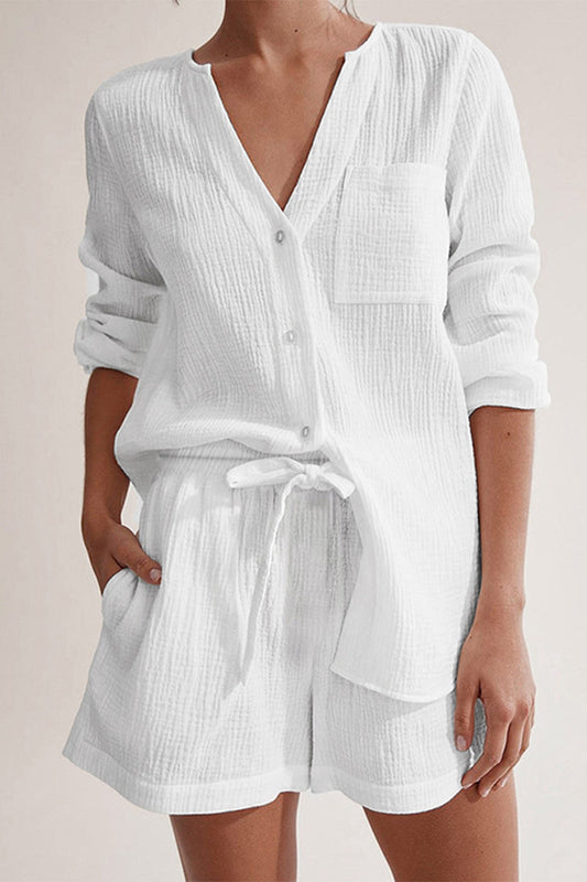 Conjunto de dos piezas informal sencillo con bolsillos, botones, cuello en V, manga larga