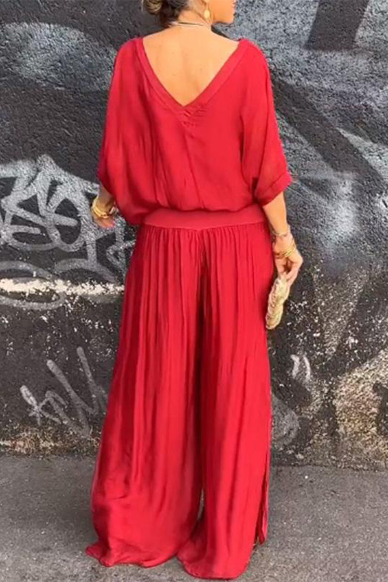 Conjunto informal de dos piezas con escote en V, media manga y espalda descubierta (10 colores)