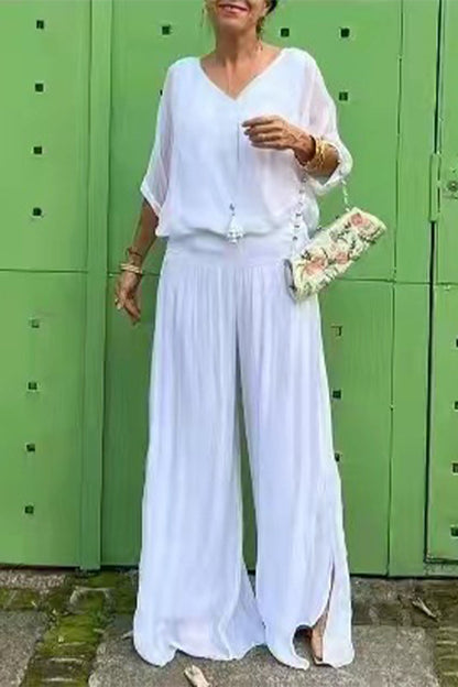 Conjunto informal de dos piezas con escote en V, media manga y espalda descubierta (10 colores)