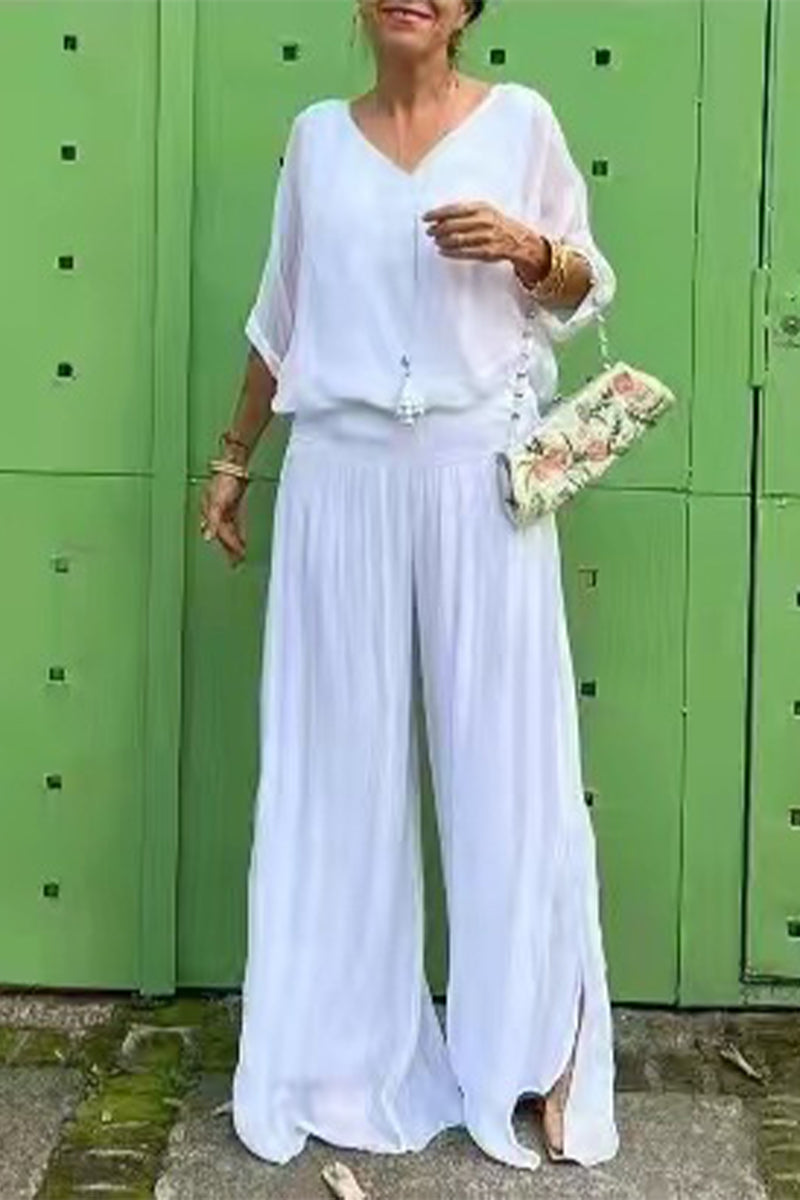 Conjunto informal de dos piezas con escote en V, media manga y espalda descubierta (10 colores)